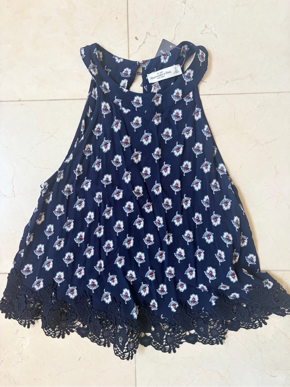 Abercrombie Navy Floral Crochet-Hem sleeveless blouse - size S